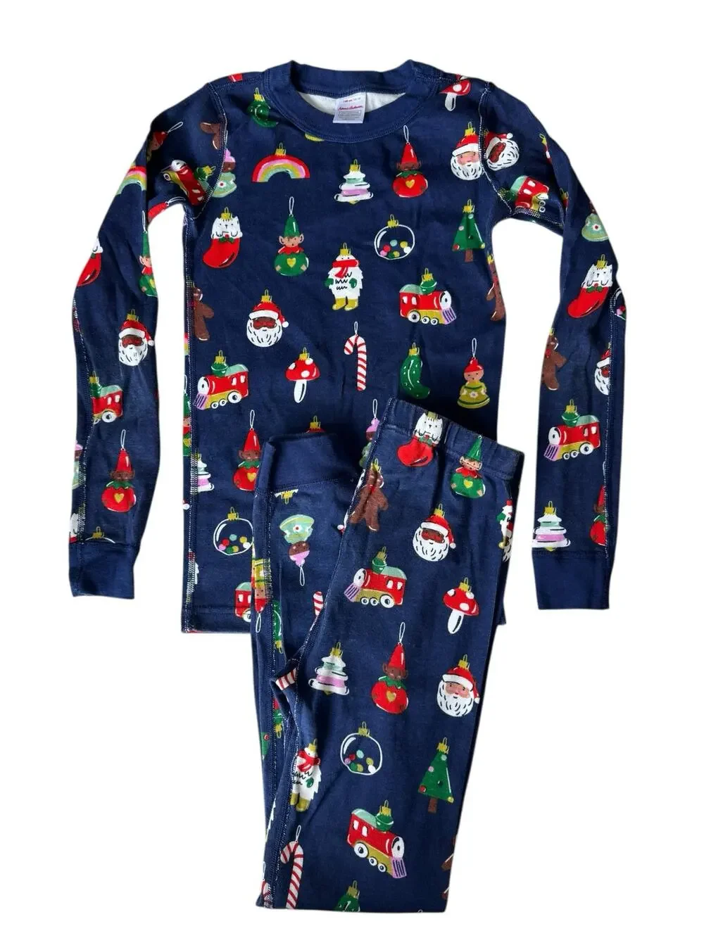 HANNA ANDERSSON Christmas Ornaments Long John Pajama Set Sz 10 140 Blue Santa